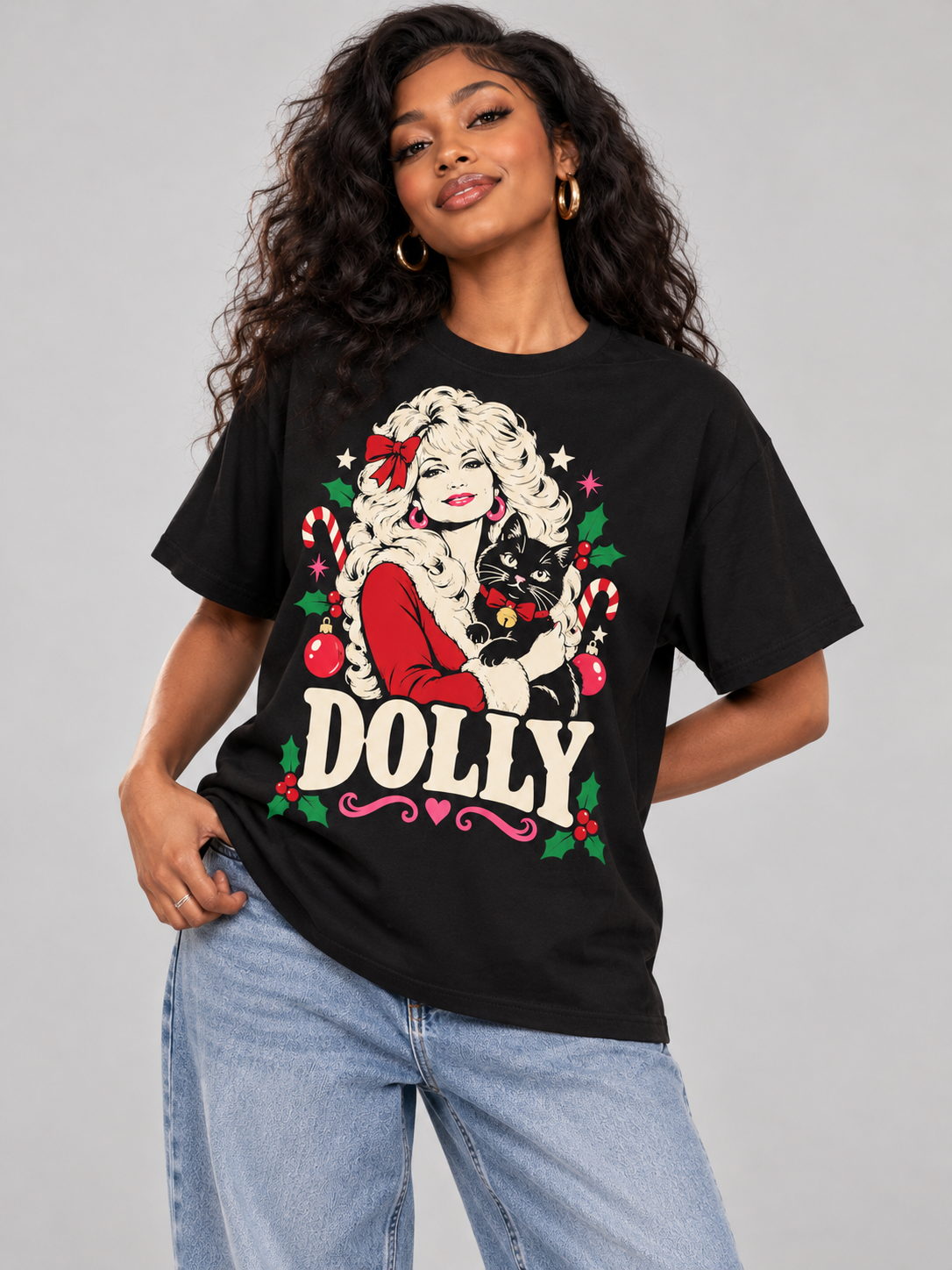 Dolly Christmas Cuddly Black Cat Graphic Tee angle view