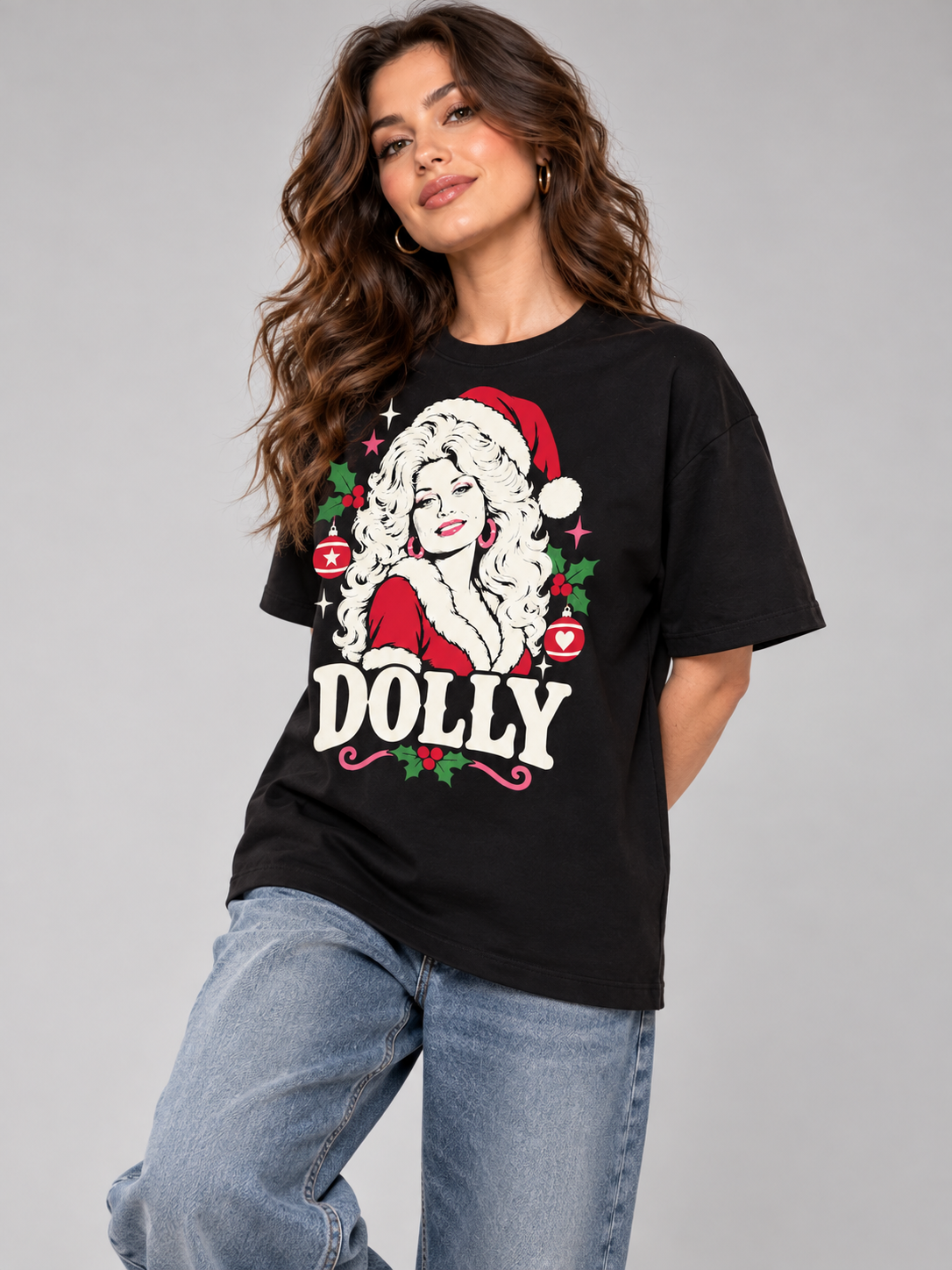 Dolly Santa Hat Christmas Graphic Tee angle view