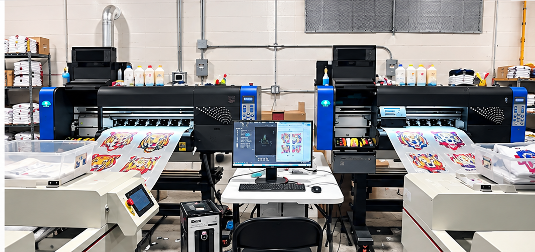 AI-generated illustrative DTF production equipment visual for temporary B2B website draft