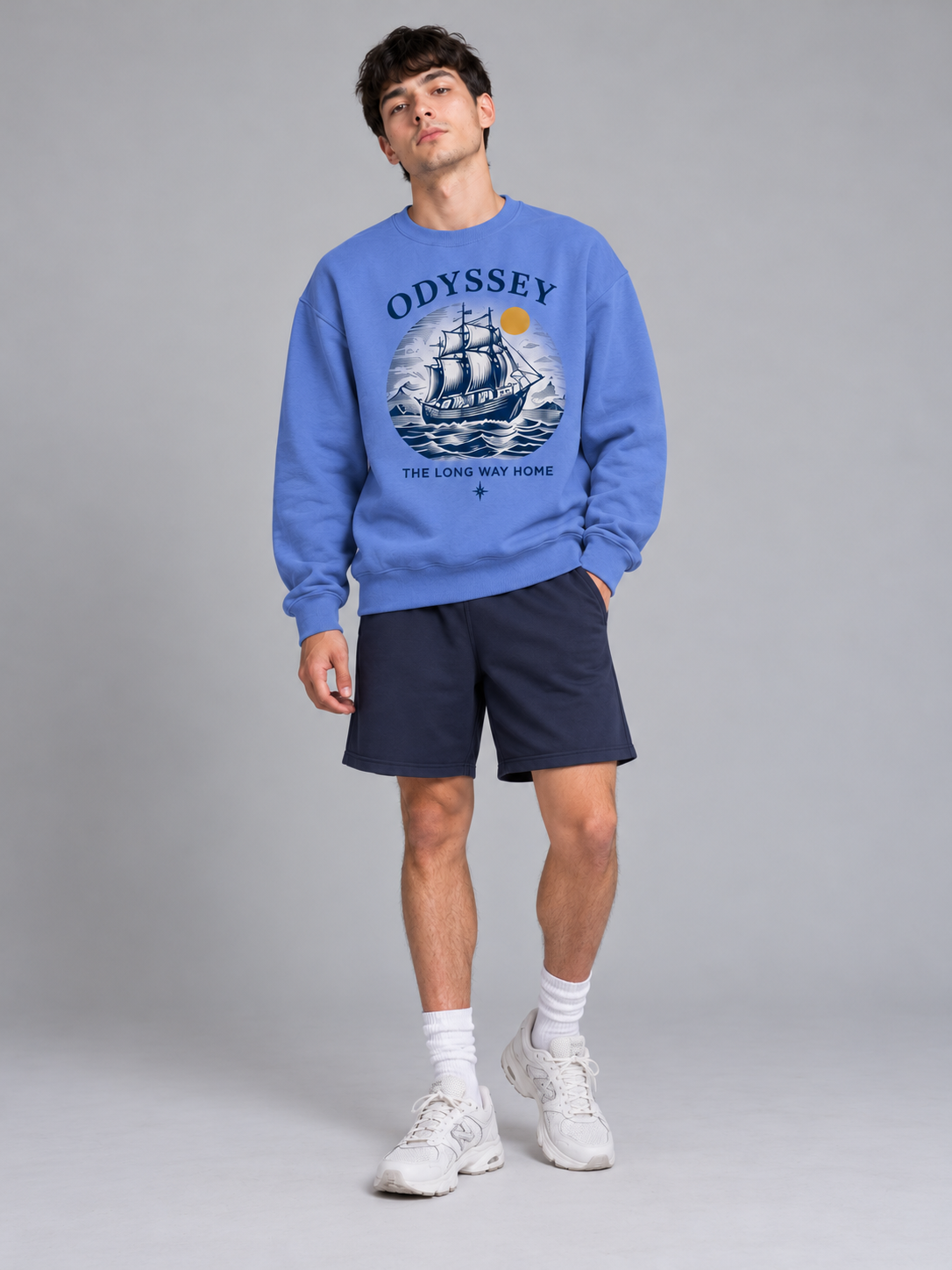 Odyssey Long Way Home Graphic Crewneck Sweatshirt - Blue full outfit view