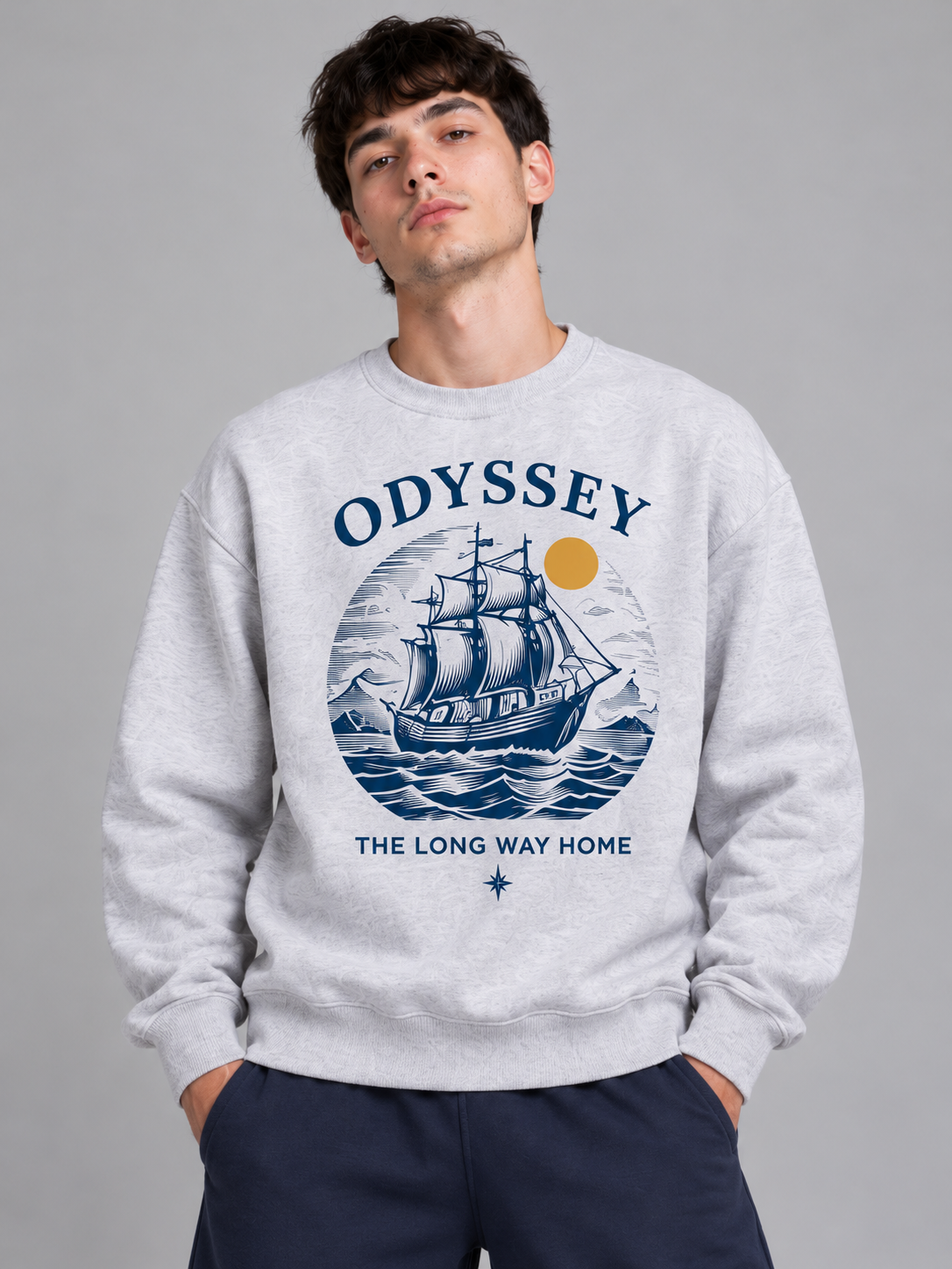 Odyssey Long Way Home Graphic Crewneck Sweatshirt - Light Grey front graphic close-up