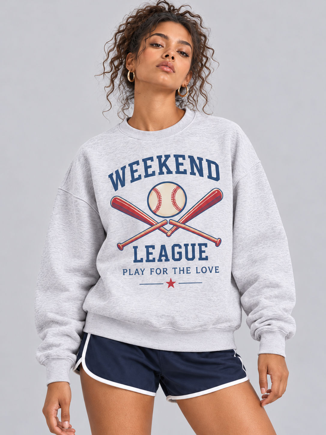 Weekend League Baseball Graphic Crewneck Sweatshirt - Light Grey front graphic close-up