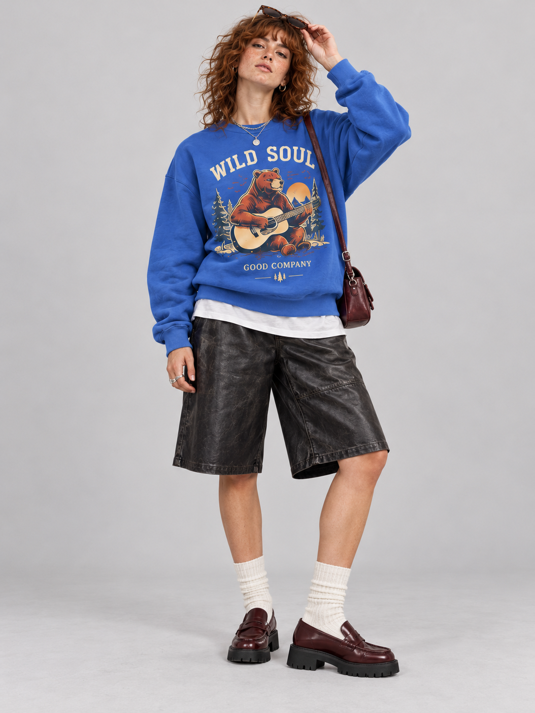 Wild Soul Guitar Bear Graphic Crewneck Sweatshirt - Blue full outfit view
