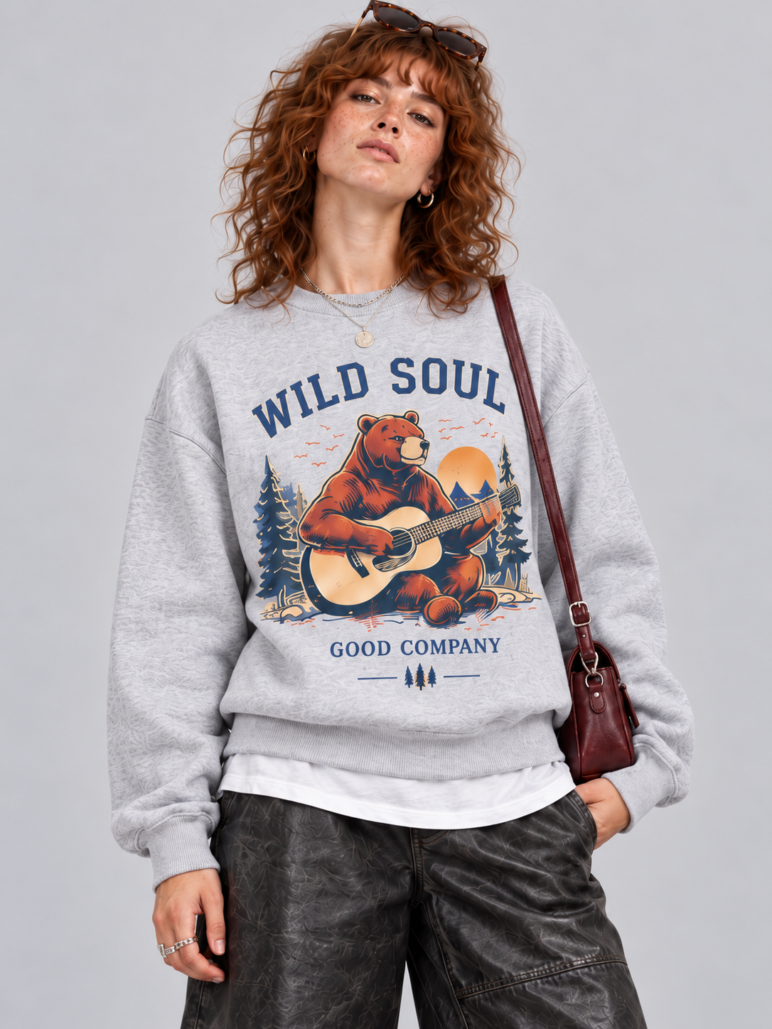 Wild Soul Guitar Bear Graphic Crewneck Sweatshirt - Light Grey front graphic close-up