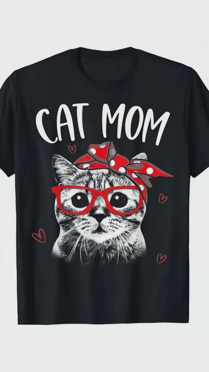 Cat Mom Graphic Tee, Women's Black Cotton T-Shirt, Cute Cat Lover Gift Shirt, Casual Pet Parent Apparel, Red Bandana Cat Design Top
