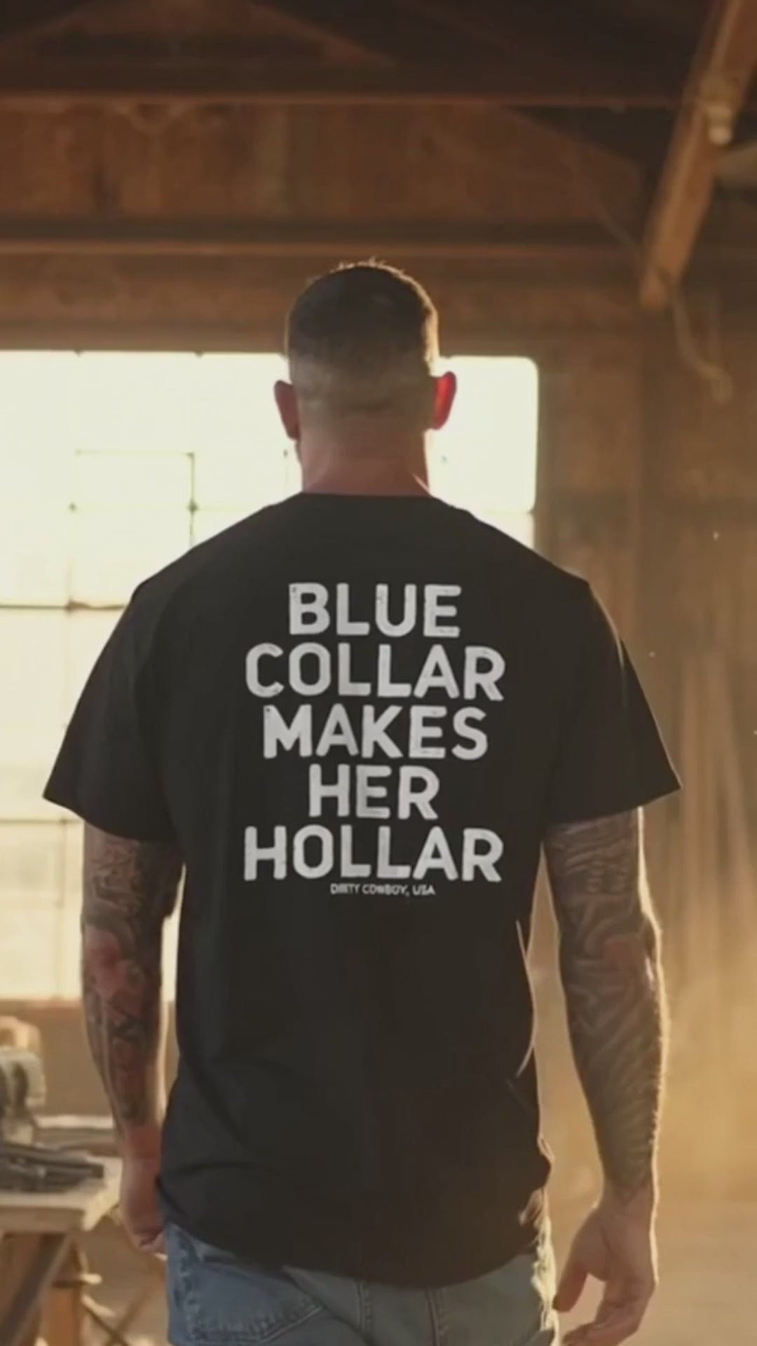Men's Blue Collar Makes Her Hollar Double-Sided Graphic T-Shirt, Dirty Cowboy USA Country Style Tee, Unisex Blue Collar Pride Short Sleeve Top, Retro Script Workwear Shirt