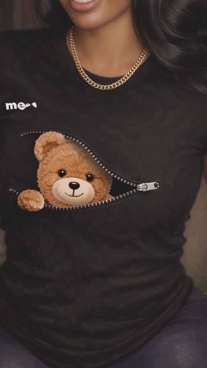 Cute Teddy Bear Peeking Out Zipper Graphic Tee, Women's Black Cotton T-Shirt, Sweet Casual Top, Gift For Teddy Bear Lovers, Everyday Comfort Shirt