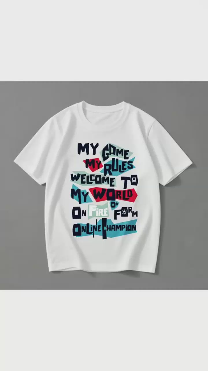 "MY GAME MY RULES" Gamer Collage Oversized Tee, Men's White Cotton T-Shirt, Bold Streetwear Gaming Design, "Online Champion" Player Top, Urban Gamer Style Apparel