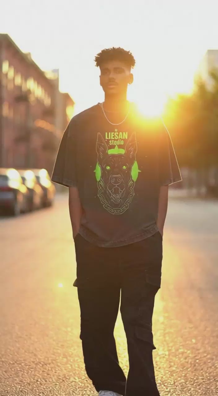 Men's "Liesan Studio Doberman" Acid Wash Oversized T-Shirt, Black Acid Wash Streetwear Graphic Tee, Neon Green Doberman Print Casual Top, Unisex Urban Art Style Short Sleeve Shirt