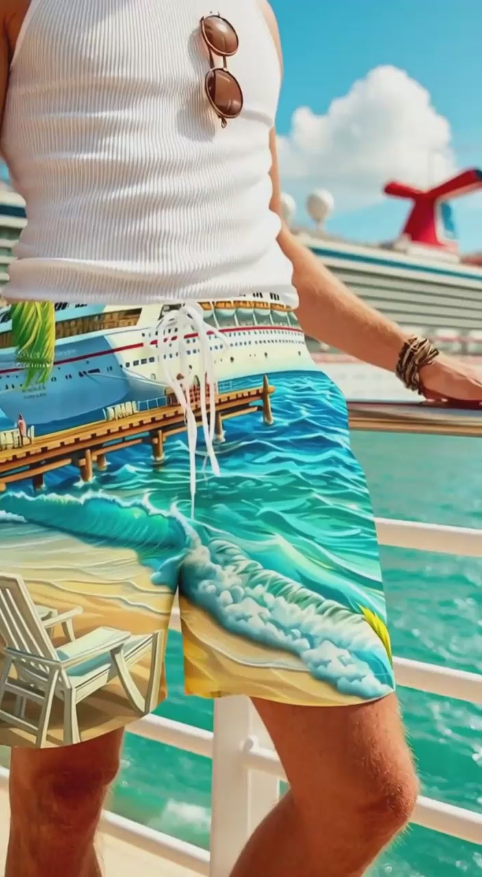Men's Cruise Ship Beach Scene Swim Shorts, Tropical Palm Tree Ocean Board Shorts, Summer Vacation Cruise Swim Trunks, Coastal Pier Beach Chair Swimwear