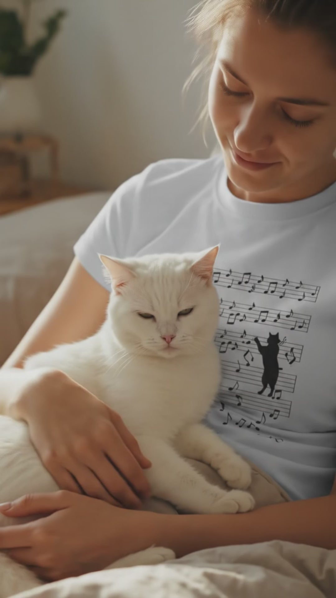 Musical Cat Playing with Notes Graphic T‑Shirt, Cute Black Cat & Music Staff Tee, Music Lover Cat Mom Casual Top, Funny Cat Playing with Sheet Music Short Sleeve Shirt