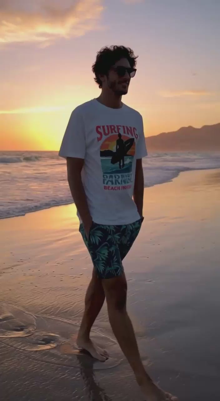 Men's "Surfing Paradise" Oversized Graphic T-Shirt, White Beach Inspired Surf Print Tee, Retro Sunset Surfer Silhouette Casual Top, Unisex Summer Coastal Streetwear Shirt
