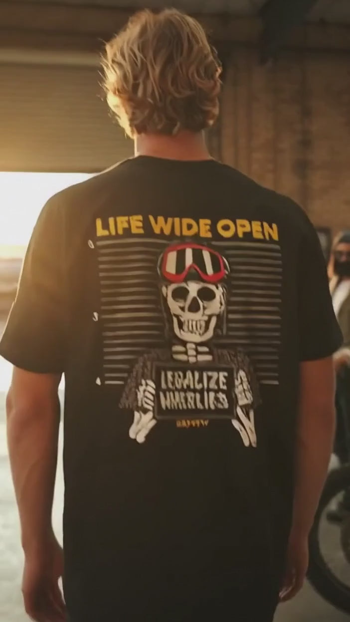 Men's "Life Wide Open" Double-Sided Graphic T-Shirt, Adult Skeleton Wheelie Biker Tee, Unisex Streetwear Short Sleeve Top, "Legalize Wheelies" CBOYSTV Inspired Shirt