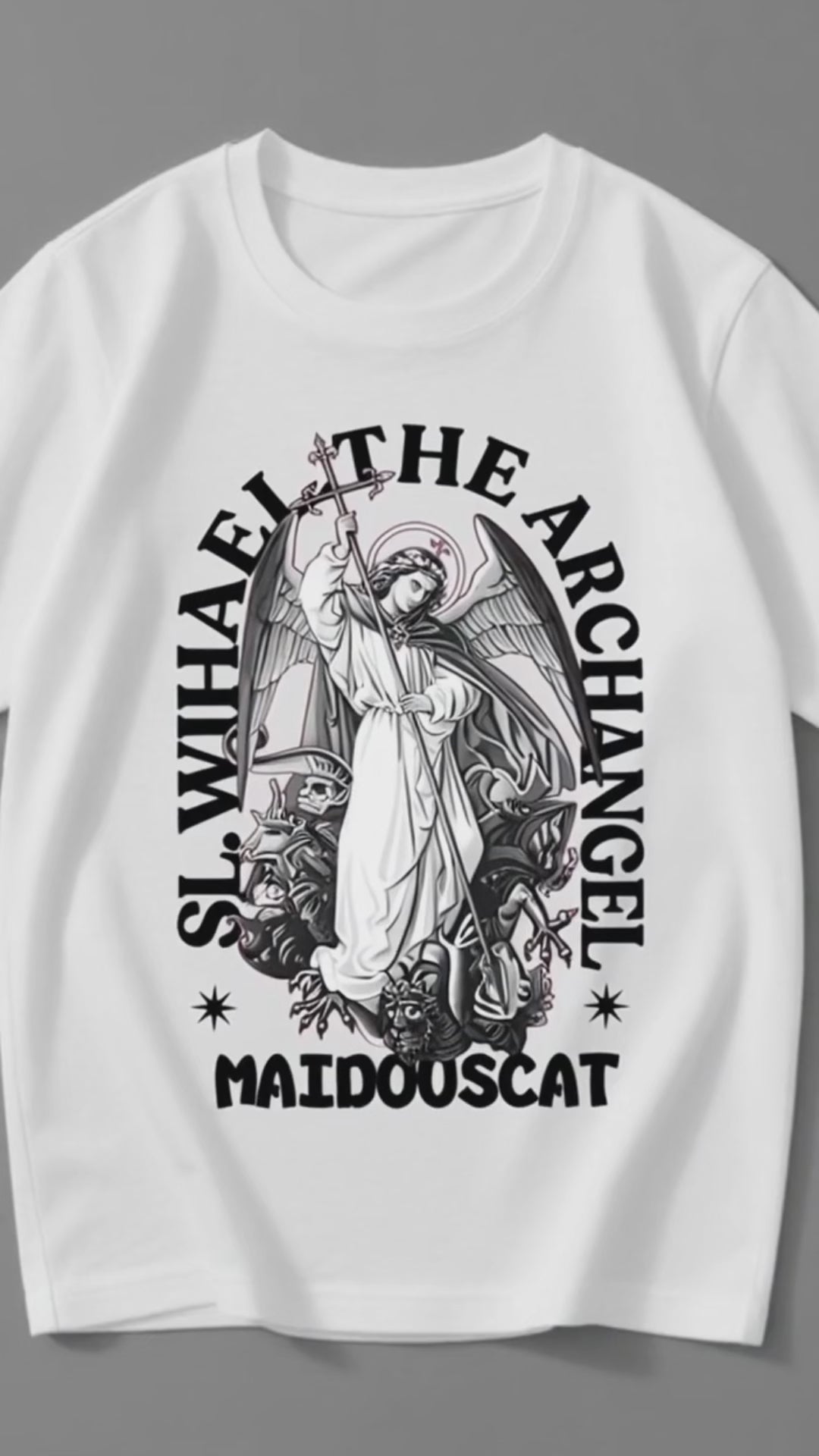 "St. Michael the Archangel" Adult Short Sleeve T-Shirt, White Cotton Religious Graphic Tee, Unisex Faith-Based Apparel, "MAIDOUSCAT" Archangel Design Top, Bold Religious Streetwear