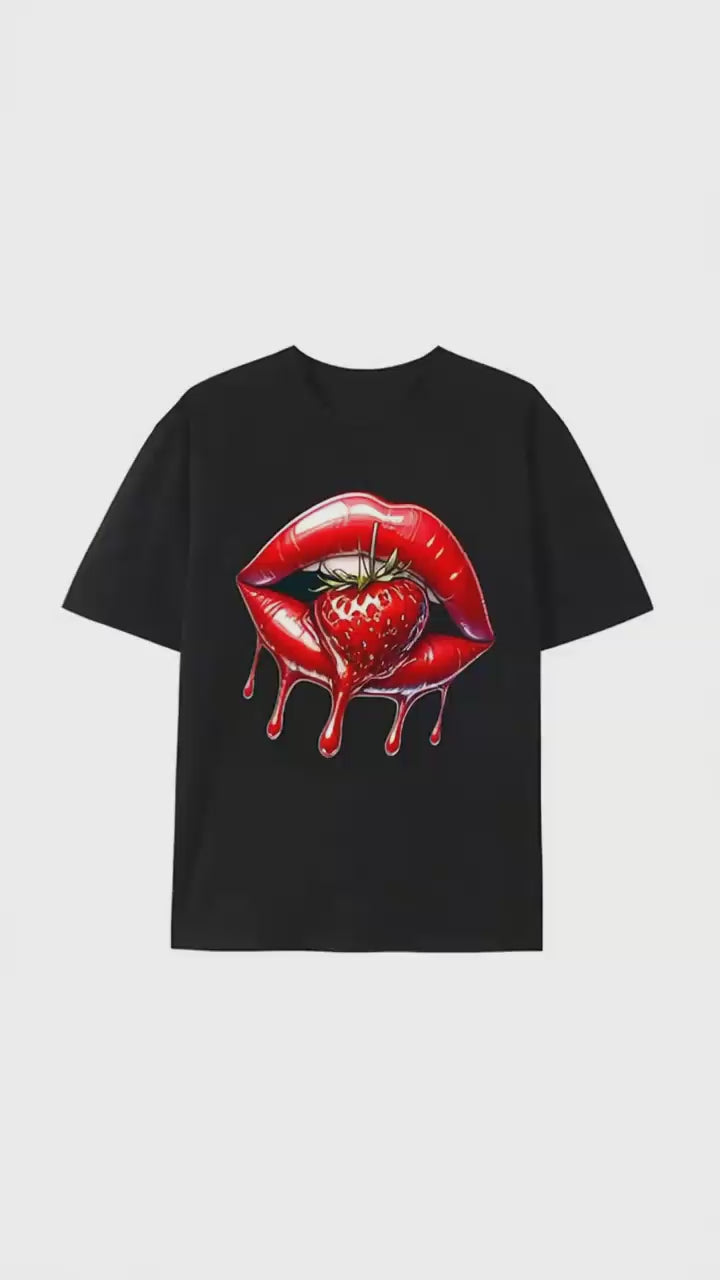 Red Lips & Strawberry Drip Graphic Tee, Unisex Black Cotton T-Shirt, Bold Y2K Style Shirt, Casual Streetwear Apparel, Fun Fruit & Lip Design Top