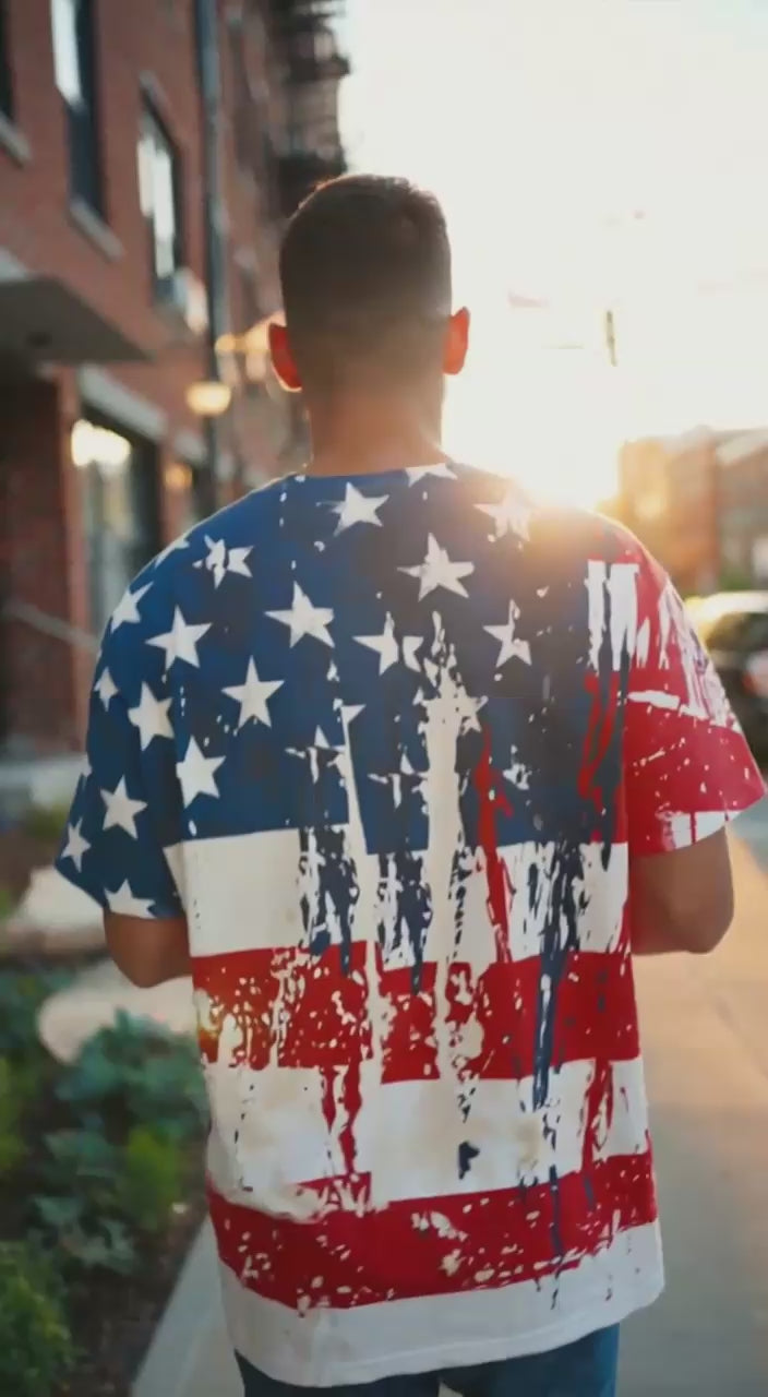 Men's Distressed USA Flag All-Over Print T-Shirt, Retro Grunge American Flag Full Print Tee, 4th of July Patriotic Oversized T-Shirt, 1776 Distressed US Flag Summer Beach Shirt