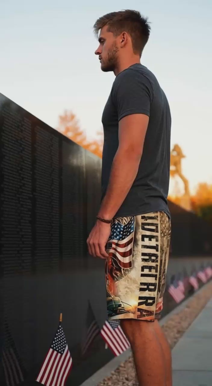 Men's Veteran American Flag Swim Shorts, Patriotic Eagle Tank Board Shorts, Military Veteran Fire & Flame Swim Trunks, USA Veteran Memorial Swimwear