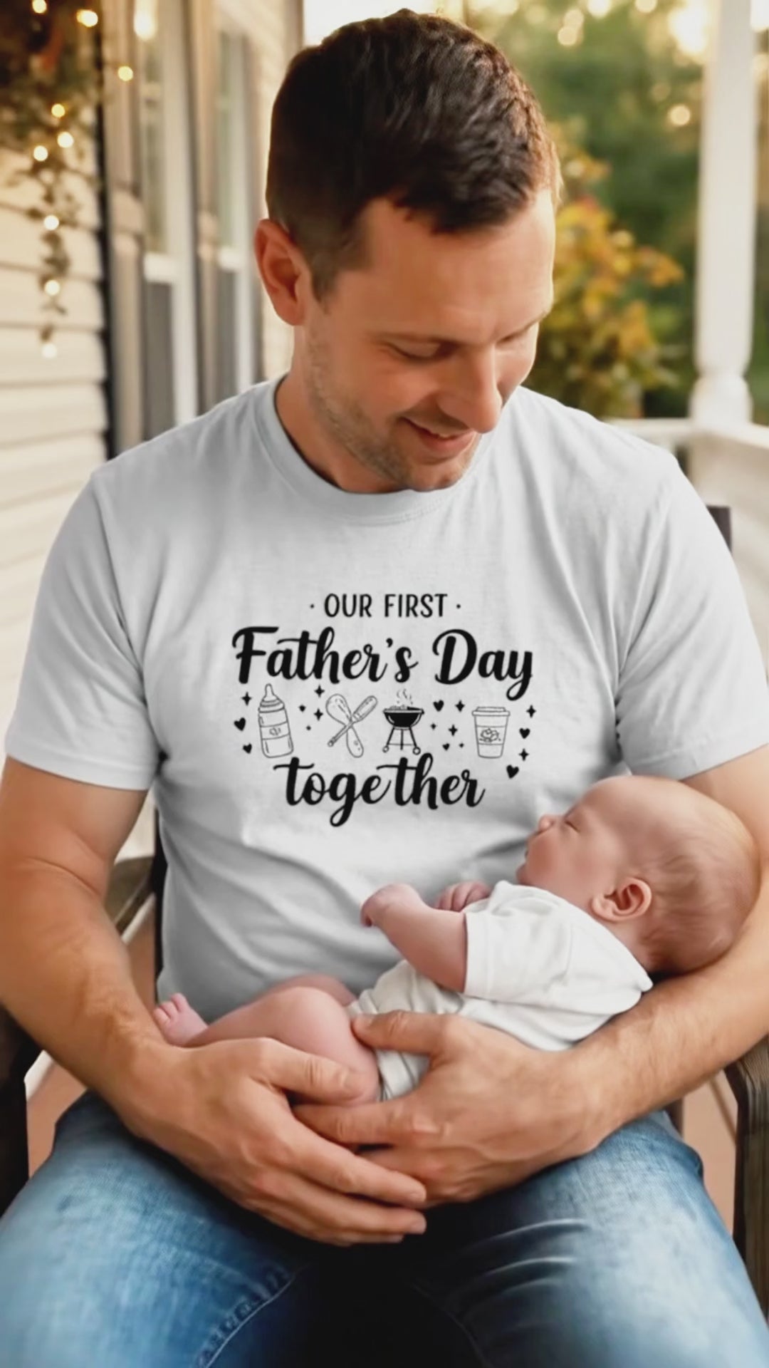 Our First Father’s Day Together Baby Grill Coffee Graphic T‑Shirt, New Dad Milestone Cute Doodle Tee, First Father’s Day Short Sleeve Top, New Father Casual Gift Shirt