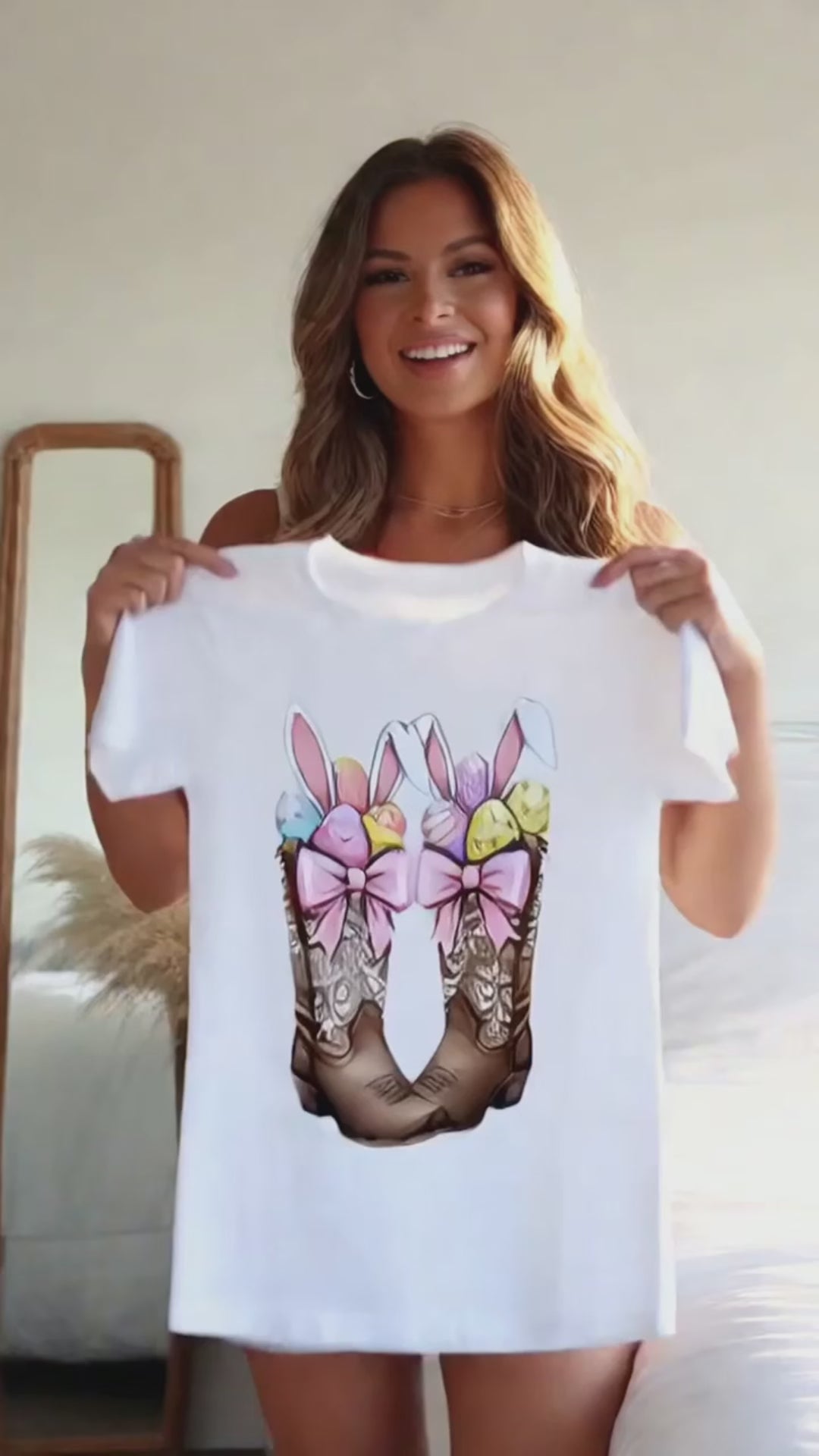 Women's Easter Cowboy Boots Bunny Graphic T-Shirt, White Western Easter Rabbit & Eggs Casual Tee, Unisex Spring Holiday Cowgirl Top, Cute Bunny Ears & Pink Bow Print Shirt