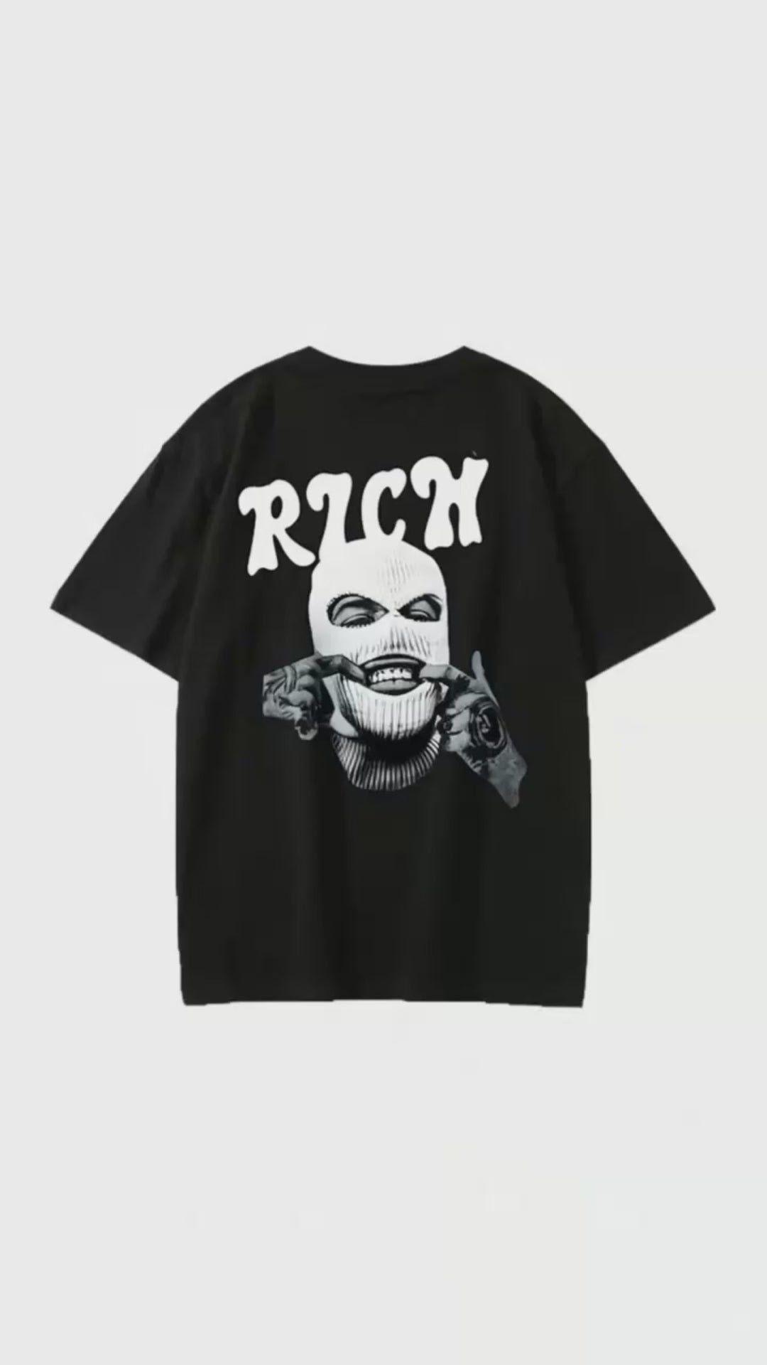 Men's "RICH Ski Mask" Oversized Graphic T-Shirt, Black Streetwear Back Print Tee, Bold Ski Mask & Typography Casual Top, Unisex Hip-Hop Inspired Streetwear Shirt