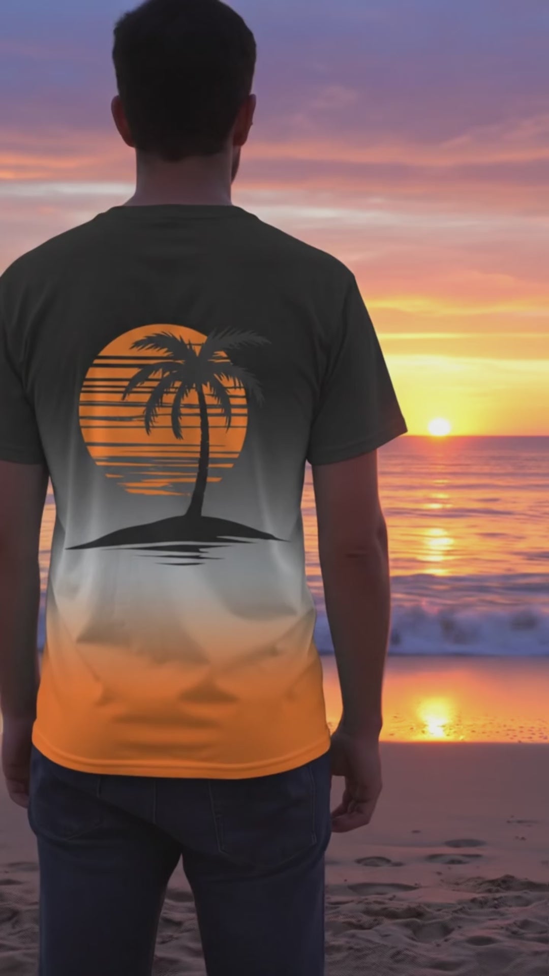 Sunset Palm Tree Gradient T-Shirt, Tropical Island Silhouette All Over Print Tee, Black to Orange Summer Beach Casual Top, Retro Sunset Short Sleeve Shirt