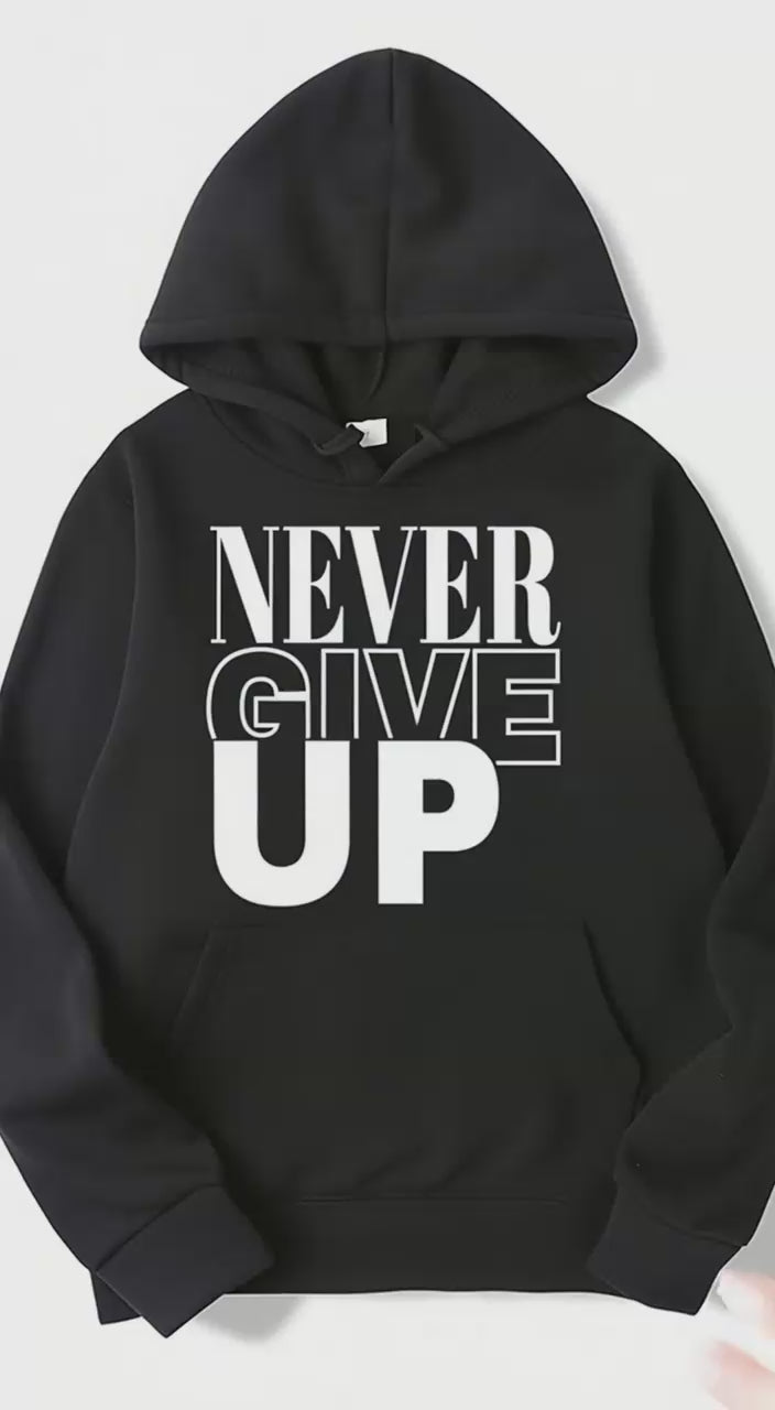 Never Give Up Motivational Black Hoodie, Inspirational Workout Pullover, Men's Gym Hoodie, Casual Athleisure Top