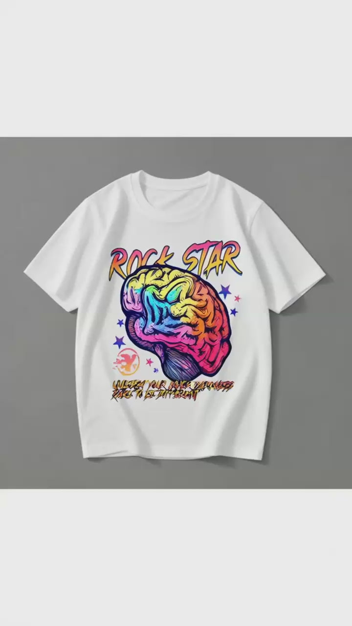 "ROCK STAR" Rainbow Brain Graphic Oversized Tee, Men's White Cotton T-Shirt, Bold Streetwear Design, "Unleash Your Inner Darkness" Inspirational Top, Urban Rock & Roll Style Apparel