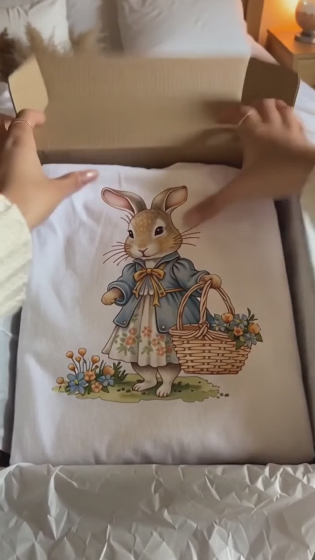Women's Vintage Bunny with Flower Basket Graphic T-Shirt, White Peter Rabbit Style Casual Tee, Unisex Spring Easter Rabbit Print Top, Cute Whimsical Bunny Graphic Shirt